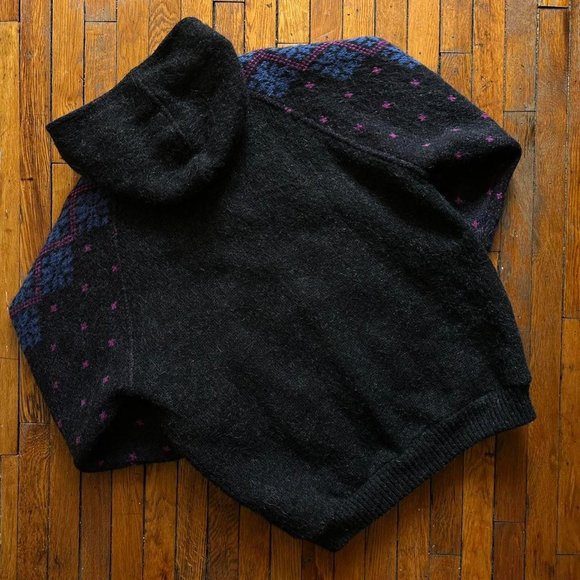 Vintage 80s Alafoss of Iceland Men Black Blue Purple 100% Wool Hooded Coat. - Picture 6 of 7